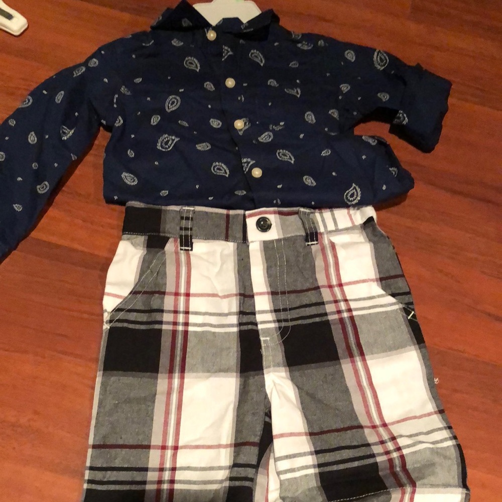 English Laundry size 24 months- button down shirt and plaid shorts